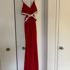 Red David’s Bridal Prom Evening Cutout Gown with Silver Trim